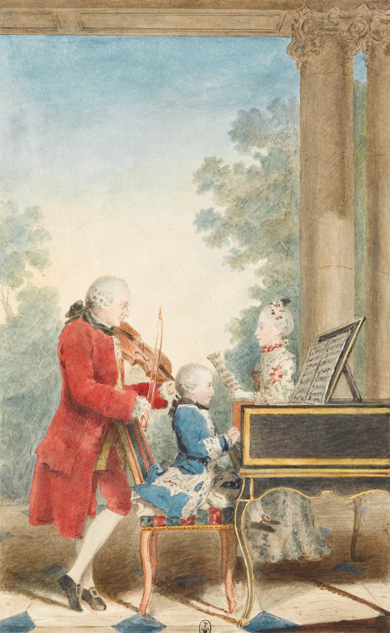 沃尔夫冈·阿马德乌斯·莫扎特（萨尔茨堡，1756年 - 维也纳，1791年）的肖像与他的父亲让... 作者 路易斯·卡罗吉斯·迪·卡蒙泰勒