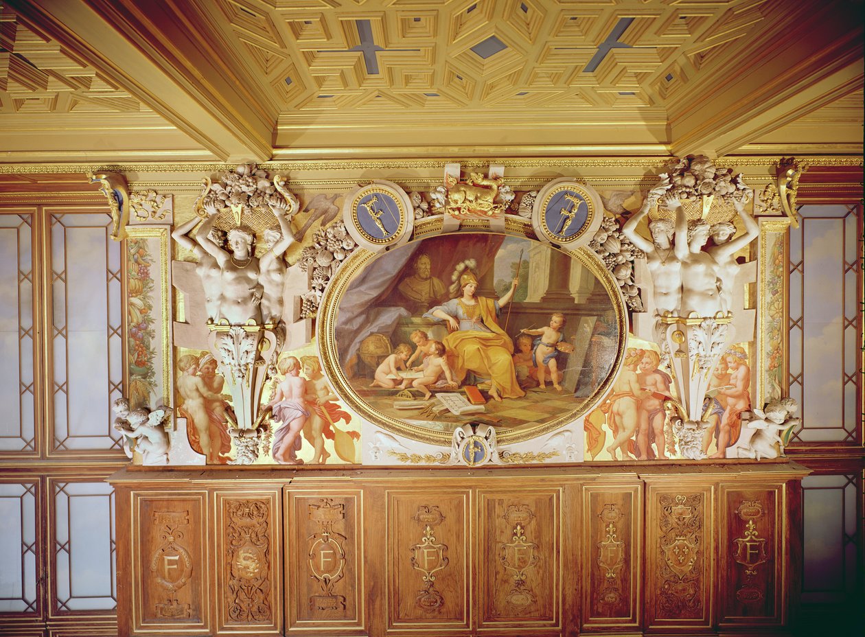 GalerieFrançoisI，Fresco描绘&39;La Nymphe de Fontainebleau&39;（粉刷，天花板和木制品的一部分可见），继Rosso Fiorentino，Giovanni Battista（1494-1540），1860年（壁画，灰泥和 作者 路易斯·查尔斯·奥古斯特·库德