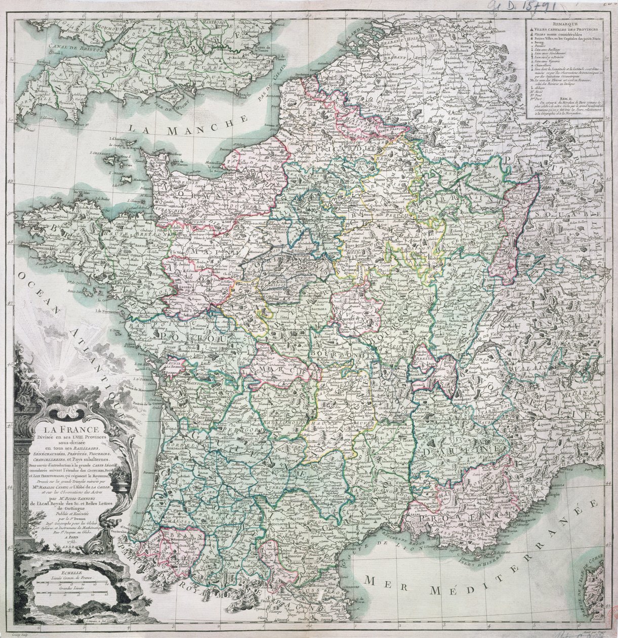 法国地图分为58个省，1765年 作者 路易斯·查尔斯·德斯诺斯