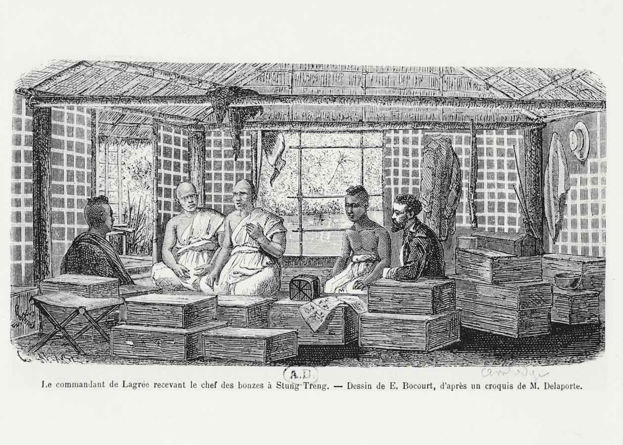 拉格里指挥官于1868年在柬埔寨的Stung Treng接受僧侣长 作者 路易斯·德拉波特