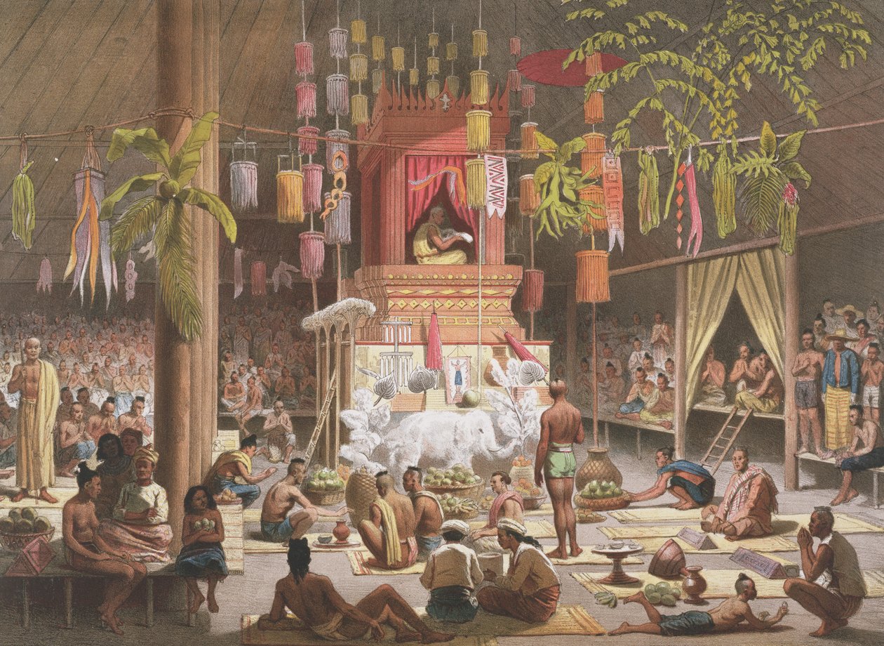 老挝昂洞的一座宝塔中的节日，来自1866年，1867年和1868年由法国委员会执行的“印度 - 中国探索之旅图集”，弗朗西斯·加尼尔，由 作者 路易斯·德拉波特