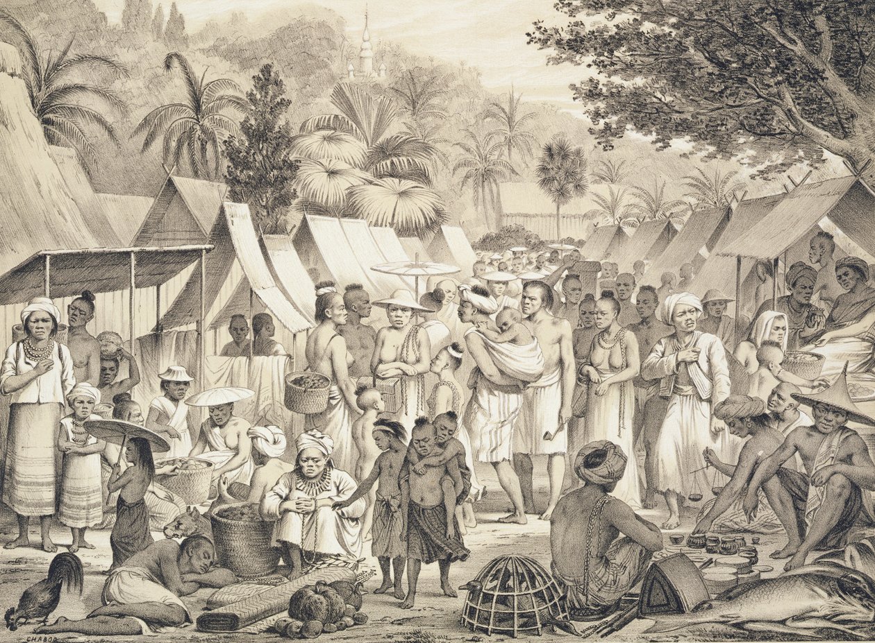 老挝琅勃拉邦市场，Doudart de Lagree（1823-68）1873年“印度 - 中国探险之旅图集”插图 作者 路易斯·德拉波特