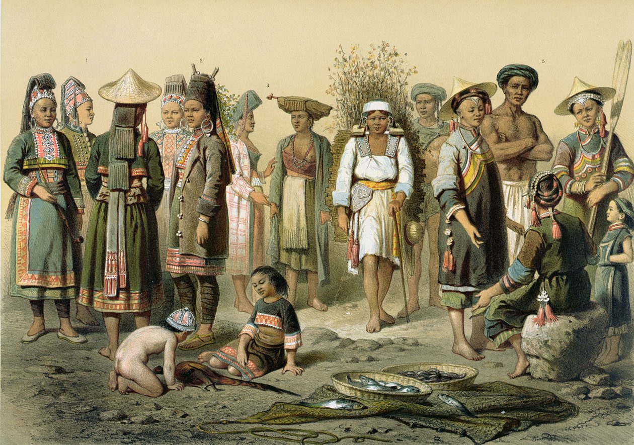 来自中国云南南部的混合人口，来自Doudart de Lagree（1823-68）的“Atlas du Voyage d&39;Rode de Indo-Chine”，由Janet Lange重绘，由Eugene Ciceri雕刻，1874年（彩色岩石） 作者 路易斯·德拉波特