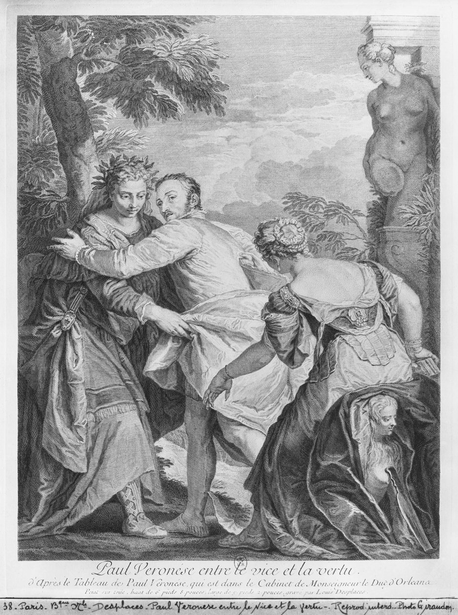 Veronese（Paolo Caliari）介于Vice和Virtue之间，来自艺术家的画作，位于Monseigneur le Duc d&39;Orleans 作者 路易·迪斯普雷斯