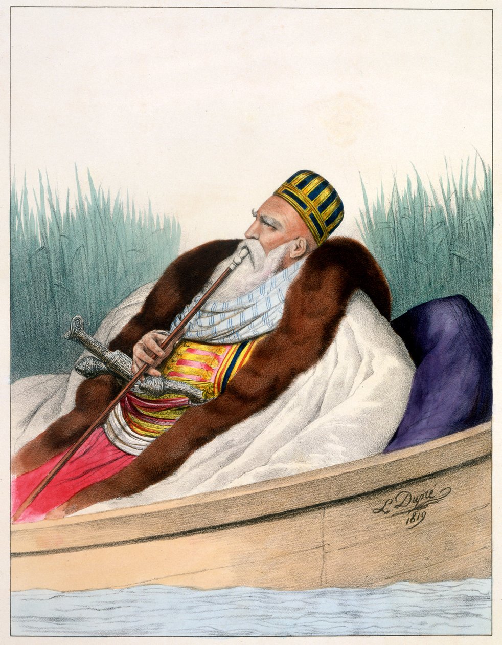 Janina的Ali Pasha于1819年在Butrinte湖上划船 - 板块VII，由Lemercier在“雅典和君士坦丁堡之旅”中刻下，由Dupre编写和插图，1828年 作者 路易斯杜普雷