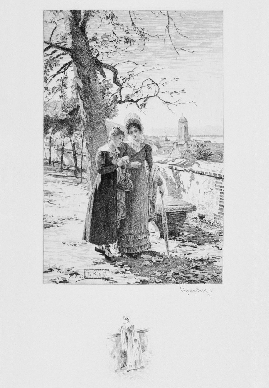 Aubain和Felicite夫人，古斯塔夫·福楼拜（1821-80）的“简单的心”插图，1894年出版，由Eugene Andre Champollion（1848-1901）巴黎书店，书商出版人A. Ferroud（etchi） 作者 路易·埃米尔·阿丹