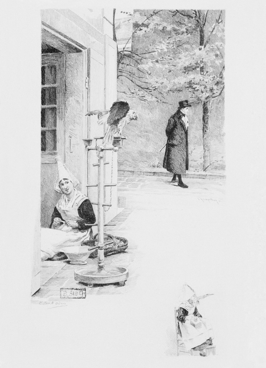 仆人费利西特和鹦鹉Loulou，来自Gustave Flaubert（1821-80）的“简单的心”的插图出版于1894年，由Eugene Andre Champollion（1848-1901）巴黎书店出版，书商出版商A 作者 路易·埃米尔·阿丹