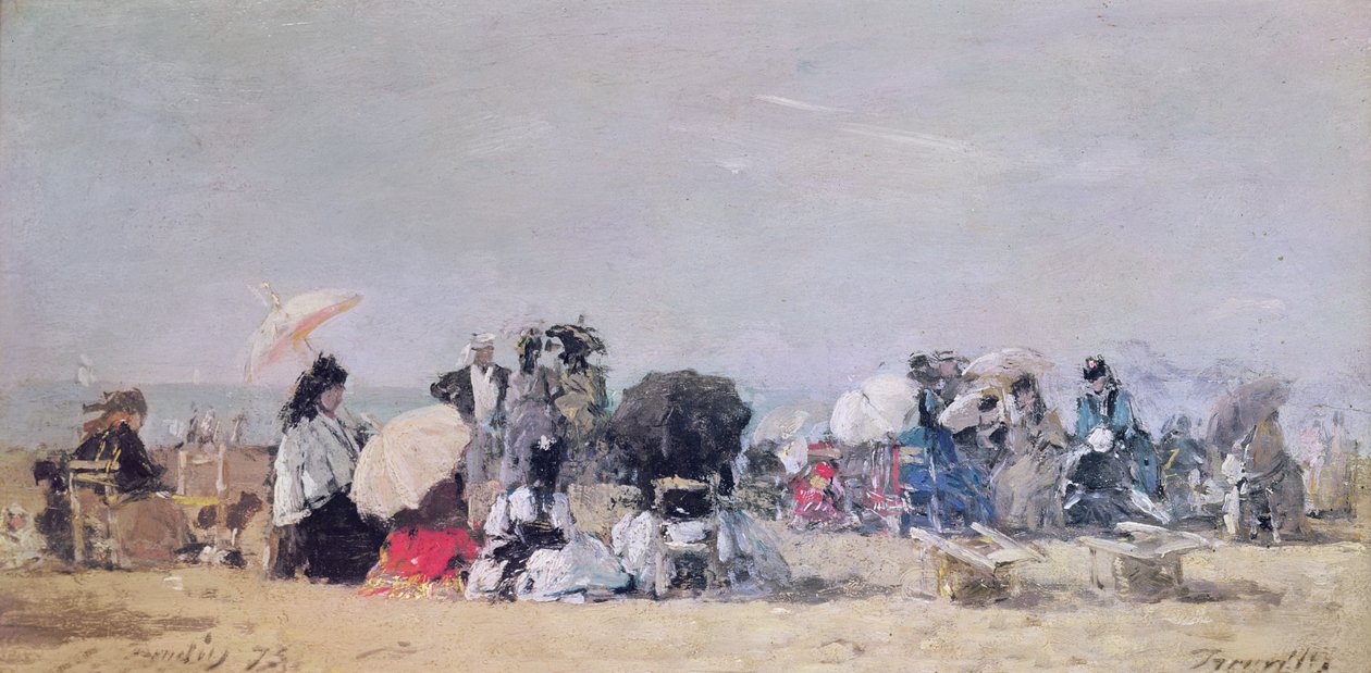 海滩场景，特鲁维尔，1873年 作者 尤金·路易斯·布丁