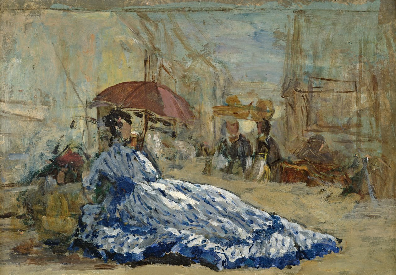 在遮阳伞下的蓝色连衣裙的女人，c.1865（油卡） 作者 尤金·路易斯·布丁