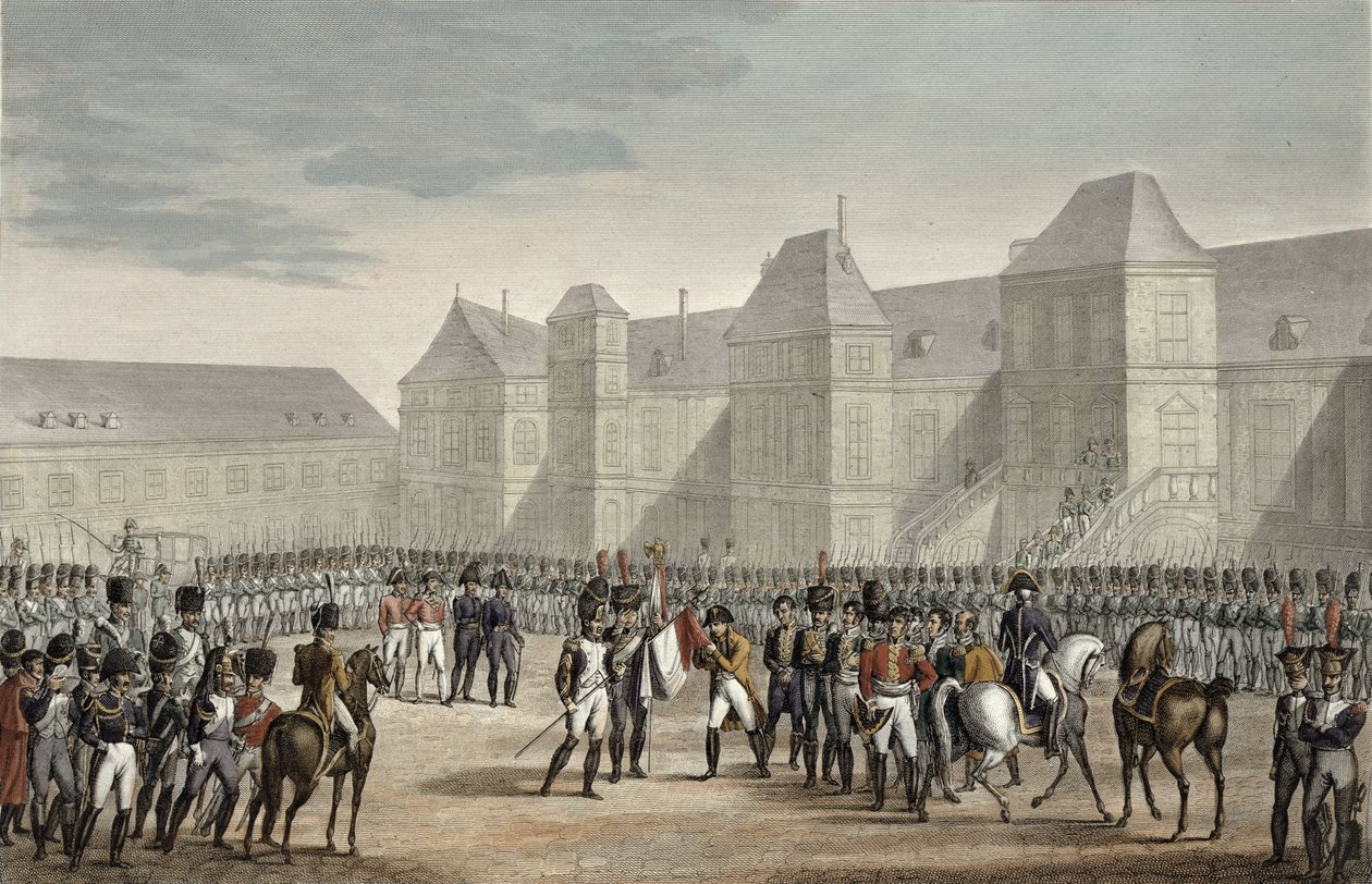 1814年4月20日拿破仑的退位和他从枫丹白露出发前往厄尔巴岛，由Francois Pigeot（b.1775）刻（（aquatint） 作者 路易斯·弗朗索瓦·库什