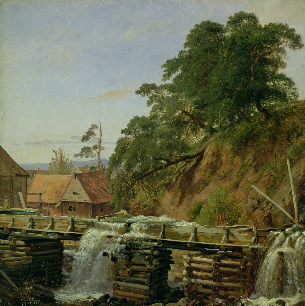 克里斯蒂安尼亚的水车，1834年（纸板上的油纸） 作者 路易斯·古利特（Louis Gurlitt）