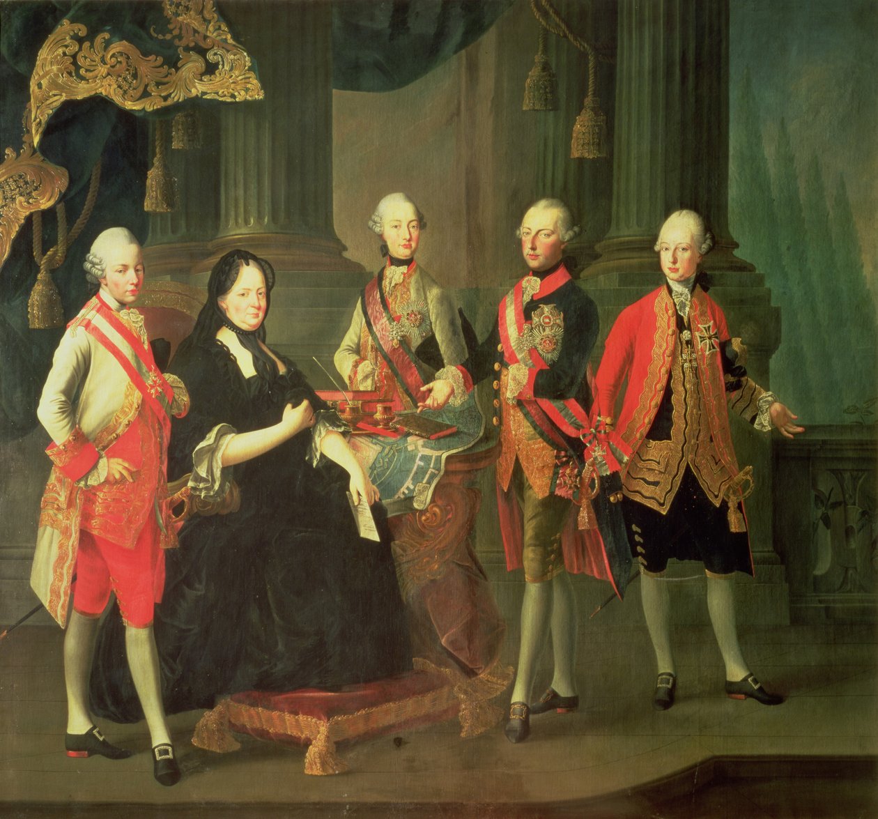 奥地利女皇玛丽亚特丽莎（1717-80）与她的四个儿子; （LtoR）Joseph（1741-90），Ferdinand（1754-1806），Leopold（1747-92）和Maximilian（1756-1801） 作者 路易斯·约瑟夫·莫里斯