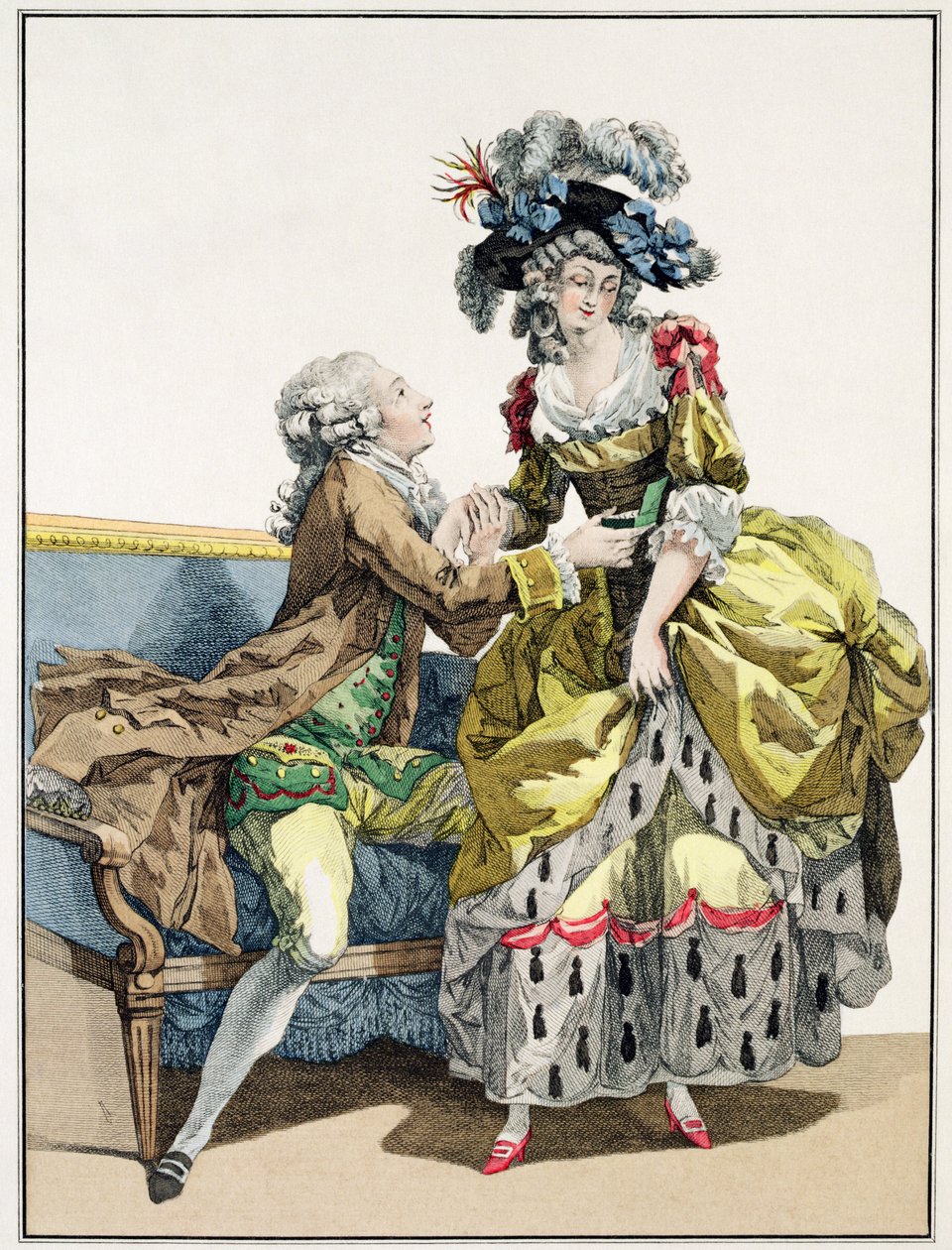 优雅绅士以“玛格丽特”风格连衣裙和帽子&39;a la Henri IV&39;向女士求婚，来自&39;Galerie des Modes et Costumes Francais&39;的版画，由Dupin雕刻，1778年 作者 弗朗索瓦·路易斯·约瑟夫·瓦托