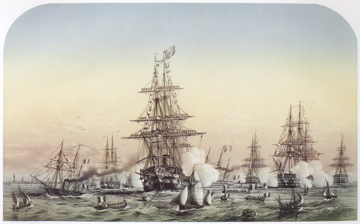 拿破仑三世在加来，访问英国中队前往克里米亚。 1854年7月14日 作者 路易斯·勒布雷顿