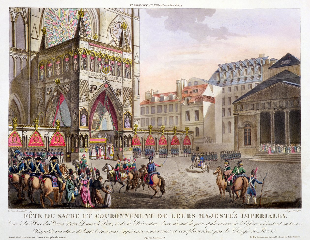 神圣的节日和他们的皇家陛下的加冕，地点du Parvis Notre Dame，由Dorgez（fl.1780-1814）雕刻，1806年出版（手工着色雕刻） 作者 路易·勒·库尔