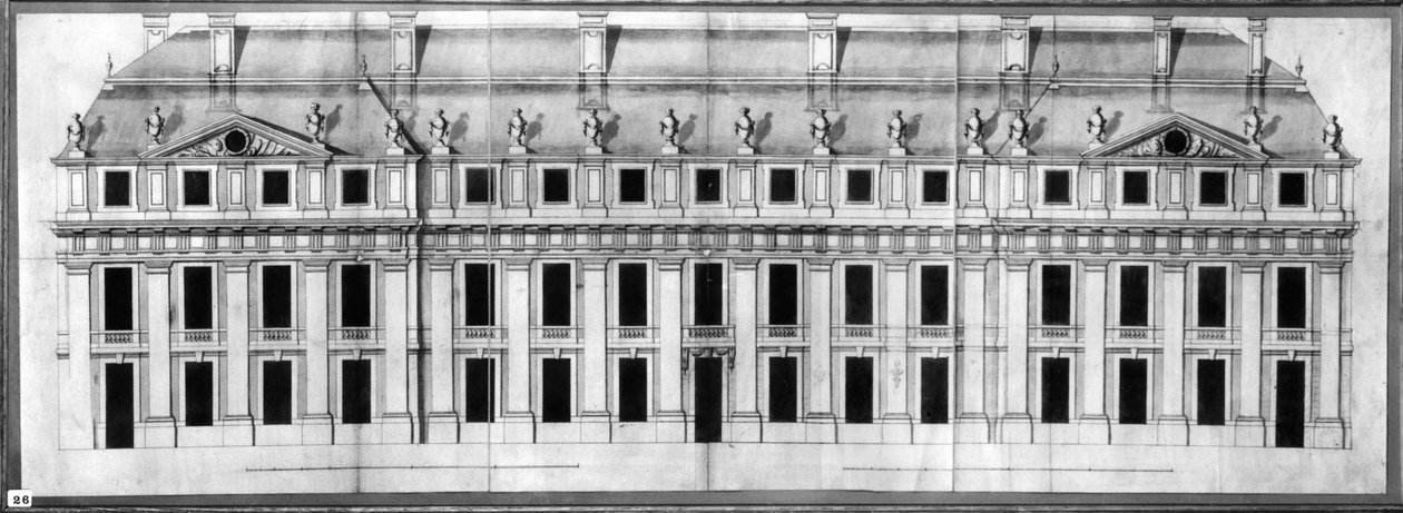 文森城堡（Chateau de Vincennes）：一个角落亭的立面，1658年（笔和墨水在纸上洗） 作者 路易·勒沃