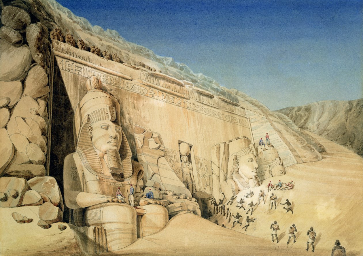 拉美西斯二世大寺的挖掘，阿布辛贝（纸上的wc） 作者 Louis MA Linant de Bellefonds