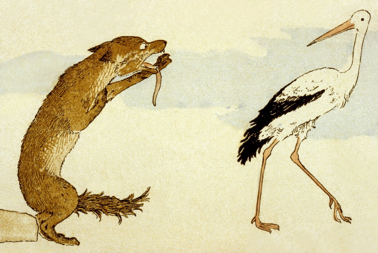 La Fontaine的寓言&39;The Wolf and the Stork&39;，1888 作者 路易斯·莫里斯·布泰·德·蒙维尔