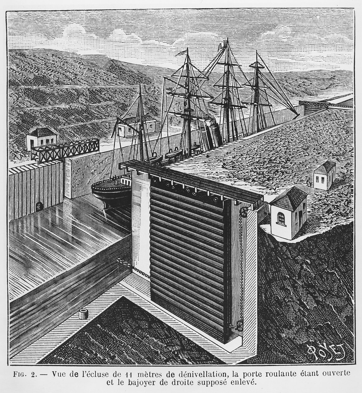 古斯塔夫·埃菲尔（Gustave Eiffel）（1832-1923）设计了巴拿马运河的锁具，插图来自1888年的“Le Genie Civil”杂志（bw版画照片） 作者 路易·波耶特
