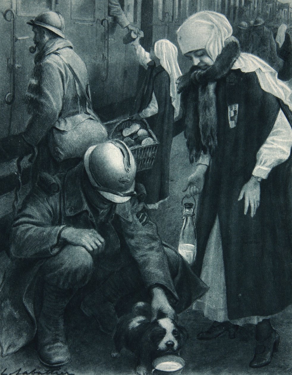 Poilu，小狗和红十字工作者，插图来自&39;插图的战争新闻&39;，1917年1月10日 作者 路易·雷米·萨巴蒂尔