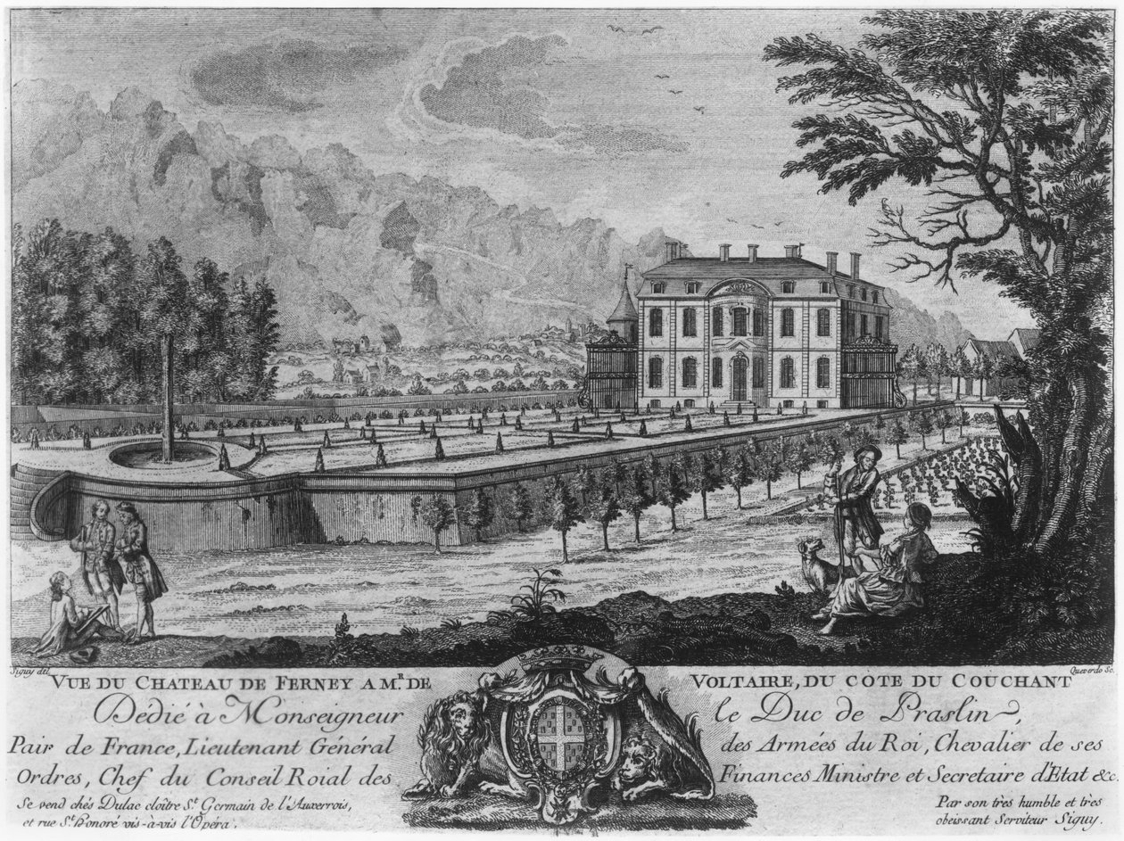 Voltaire位于Ferney西侧的房子，由Francois，Maria，Isidore Queverdo（1748-97）雕刻 作者 路易斯·西尼