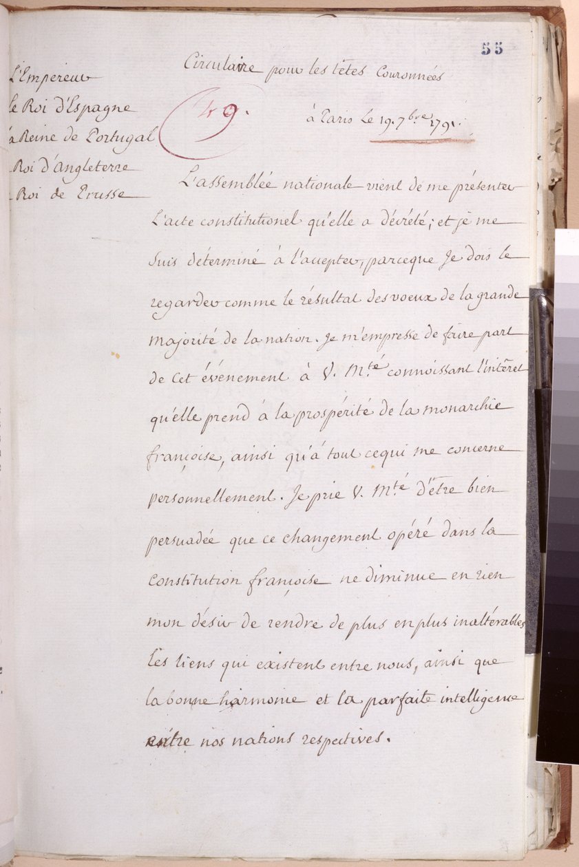 路易十六（1754-93）写给欧洲主权国家的信，解释他决定接受1791年7月19日1791年宪法 作者 路易十六