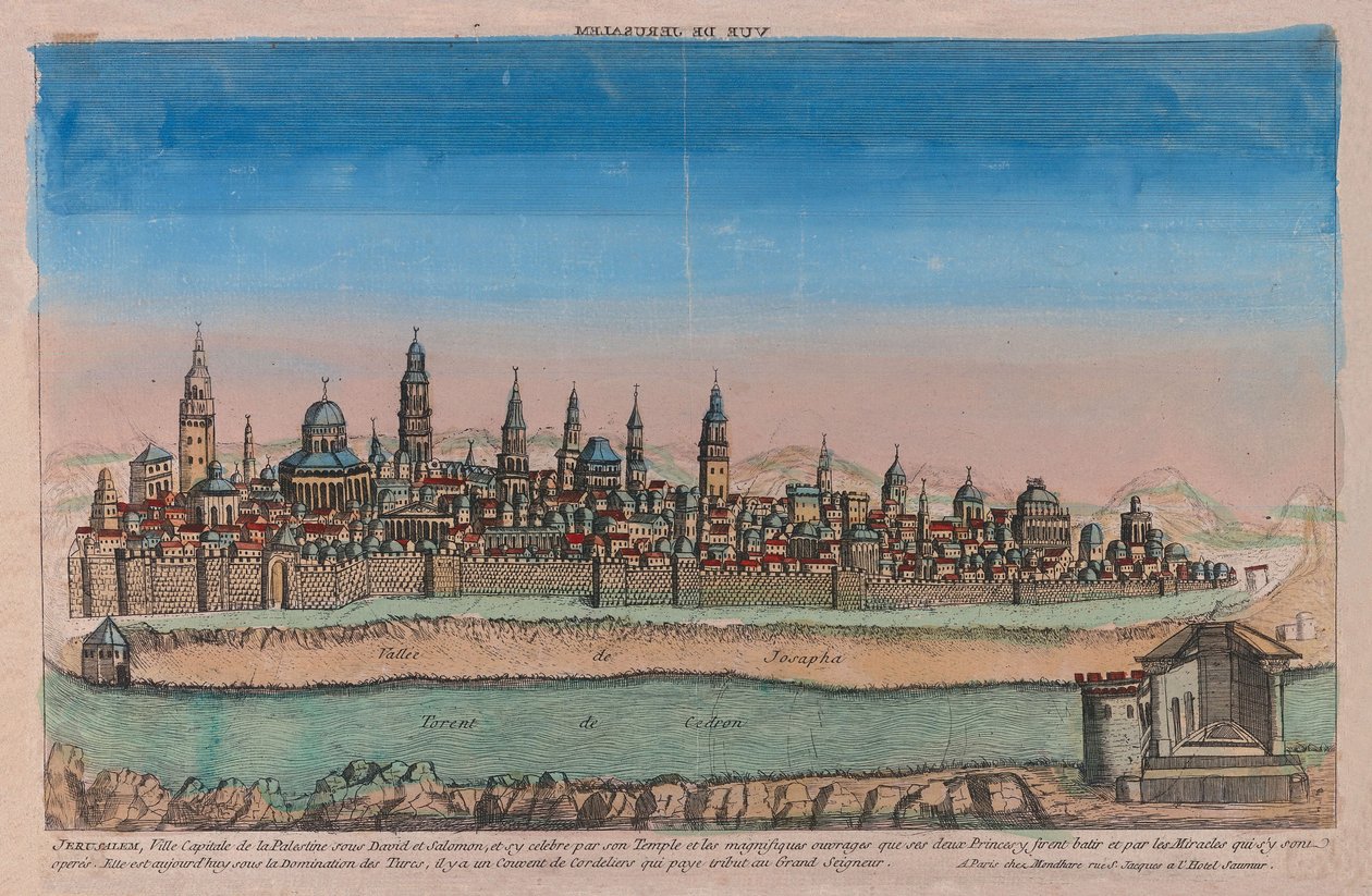 耶路撒冷的视图，1770年（手工彩色雕刻） 作者 路易·约瑟夫·蒙德哈雷