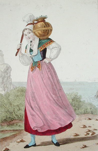 瑟堡地区的奶妈，约1820年（彩色平版印刷）。 作者 路易斯·玛丽（后）兰特