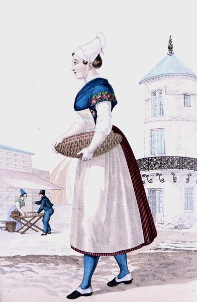 圣瓦莱里-恩-科的传统服装，约1820年由Gatine刻制（彩色雕刻）。 作者 路易斯·玛丽（后）兰特