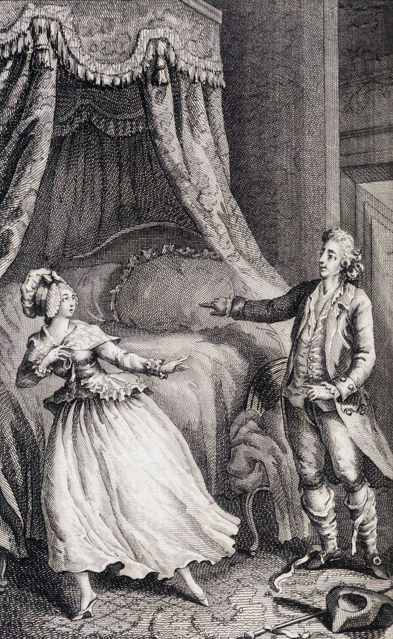 卧室床前的夫妇 - 在 "Les francaises ou 34 examples chosen in the current mores fit to lead daughters, women, wives, mothers" by Restif de La Bretonne (1734-1806), ill. by Binet, Neufchatel 作者 路易斯（之后）毕奈特