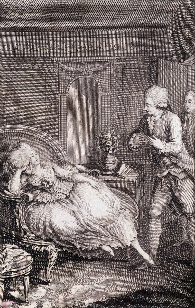 Gentilhomme向一位在牧羊女身上苦苦挣扎的女士宣布他的爱意--载于《Les francaises ou 34 examples chosen in the current mores suitable to lead daughters, wives, mothers》，作者Restif de La Bretonne（1734-1806），Binet提供插图，Neufchatel 作者 路易斯（之后）毕奈特