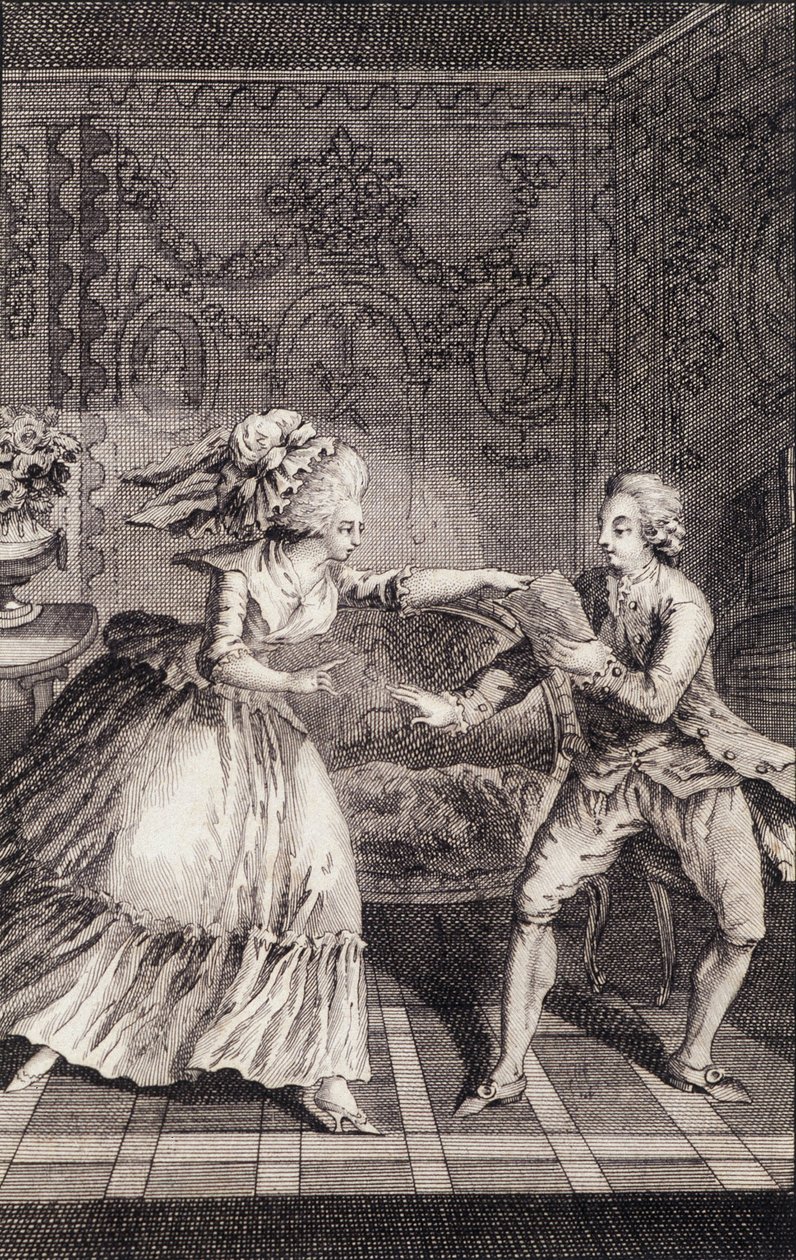 Le billet doux subtilisé (libertinage) - 在 "Les francaises ou 34 examples chosen in the current mores fit to lead daughters, women, wives, mothers" by Restif de La Bretonne (1734-1806) , ill. by Binet, Neufchatel 作者 路易斯（之后）毕奈特