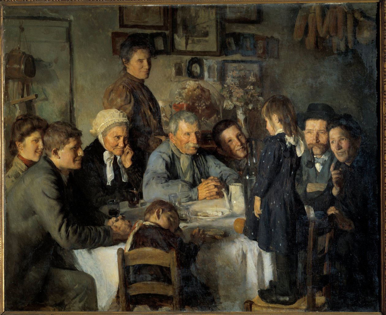 农民的金婚家庭餐。 路易斯·阿道夫·德切诺（Louis Adolphe Dechenaud，1868-1926）的绘画，1909 年周日。 1,66x2,03 m 第戎美术博物馆 作者 路易斯·阿道夫·德切诺