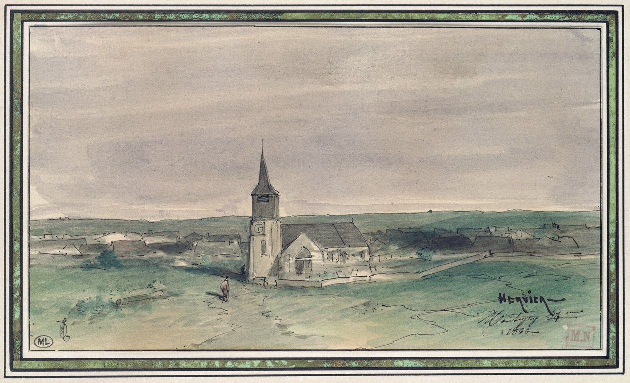 田野中的教堂和村庄，Montigny，1866年（笔和墨水和纸张上的wc） 作者 路易斯·阿道夫·赫尔维尔