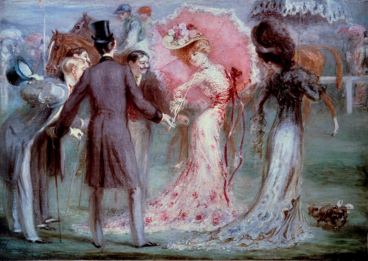 好时机：““称重”” 男人检查年轻女性，坚持赛马。 Louis Anquetin (1861-1932) 绘画，20 世纪私人收藏 作者 路易斯·安奎汀