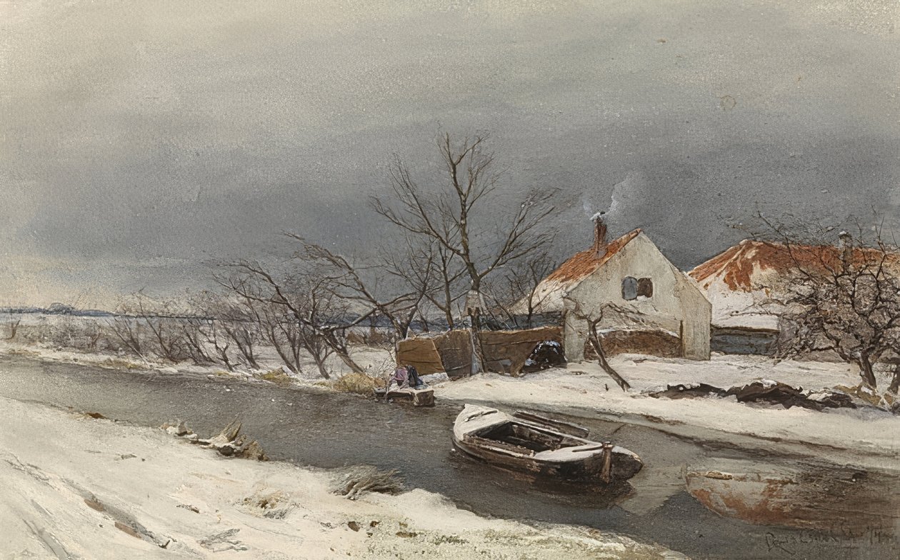 Winterlandschaft mitHäusern和einem Kanal（冬季景观与运河上的房屋）。 1874年 作者 路易斯·阿波