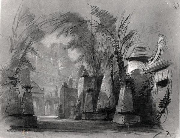 维克多-雨果（1802-85）的 "Les Burgraves"（1843）的场景设计（纸上铅笔）（黑白照片） 作者 路易斯·布朗厄尔