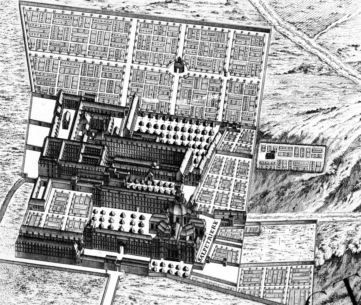 LaSalpêtrière医院，详细信息来自巴黎计划，被称为Plan de Turgot，由Claude Lucas雕刻，1734-39雕刻细节233535 作者 路易斯布雷特兹