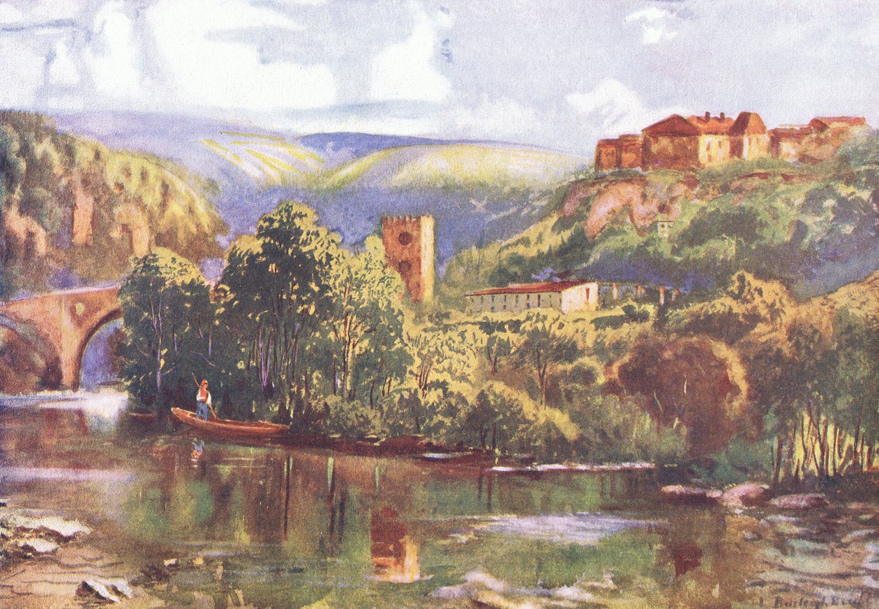 塔古斯河上，摘自哈钦森父子出版的《欧洲风情画》，约1930年（彩色平印）。 作者 路易斯·伯利·布鲁尔