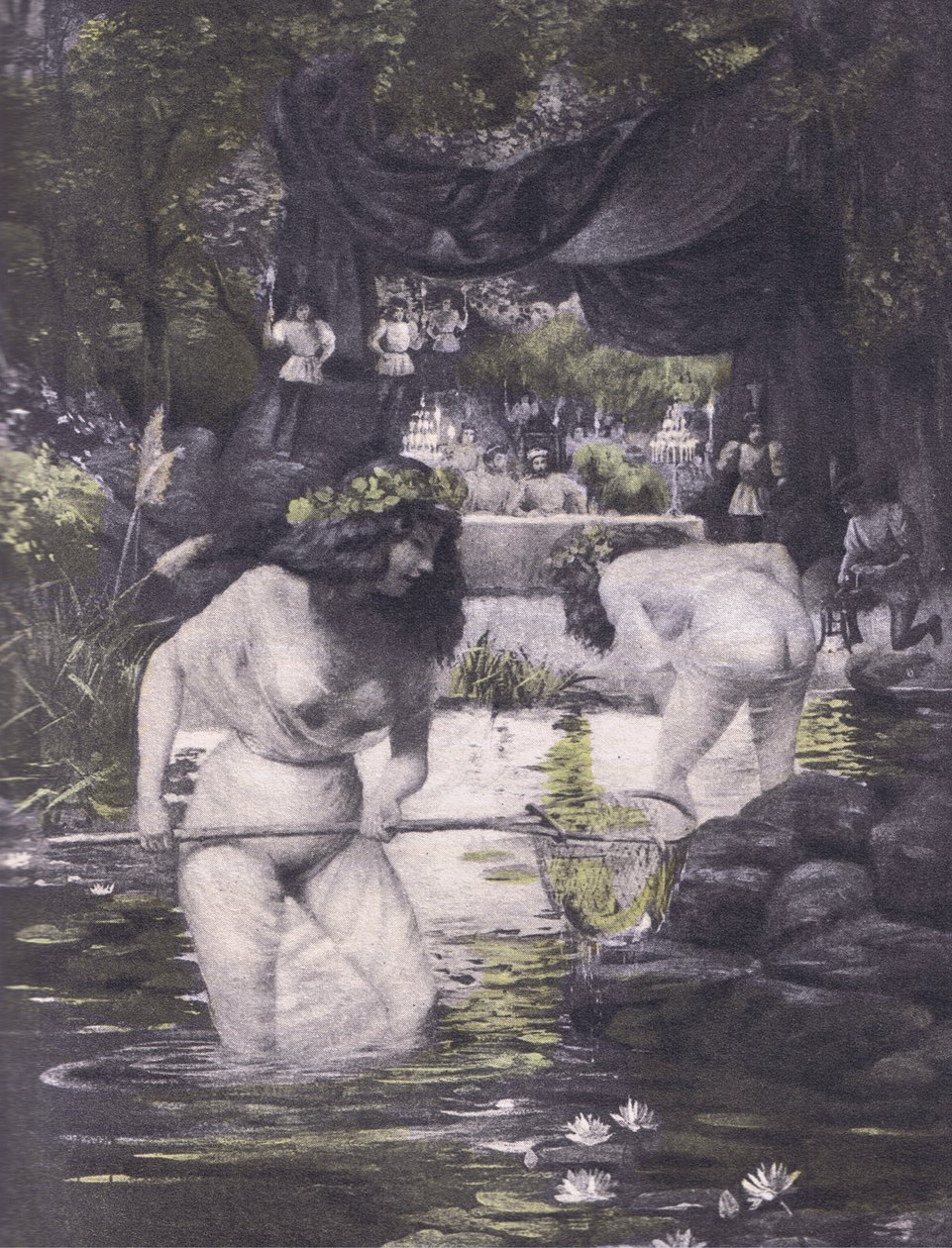Ginerva 和 Isotta，来自 Navarre Society 1930 年代出版的薄伽丘十日谈的插图（石版画） 作者 路易斯·沙隆