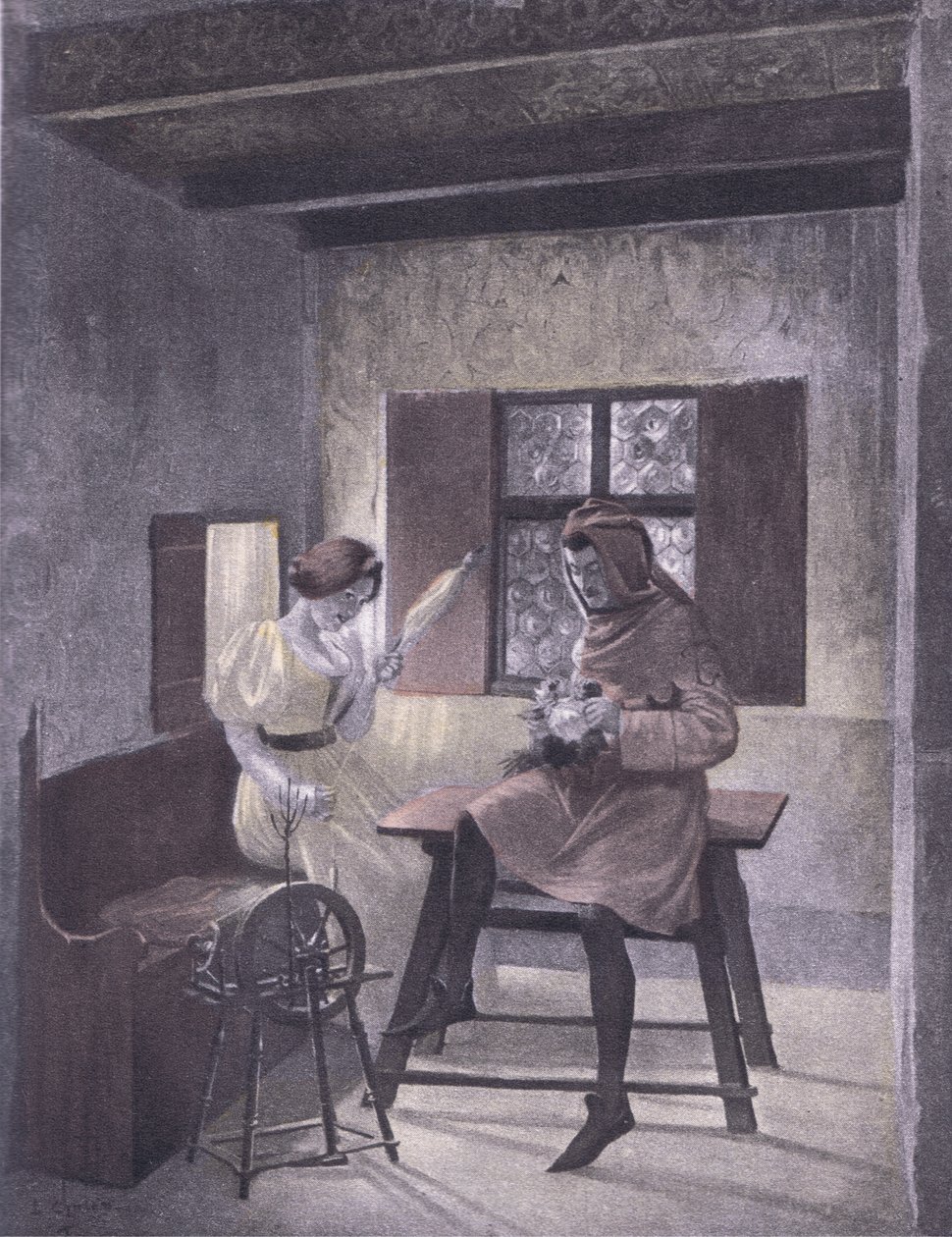 Simona 纺纱，来自 Navarre Society 1930 年代出版的薄伽丘十日谈的插图（石版画） 作者 路易斯·沙隆
