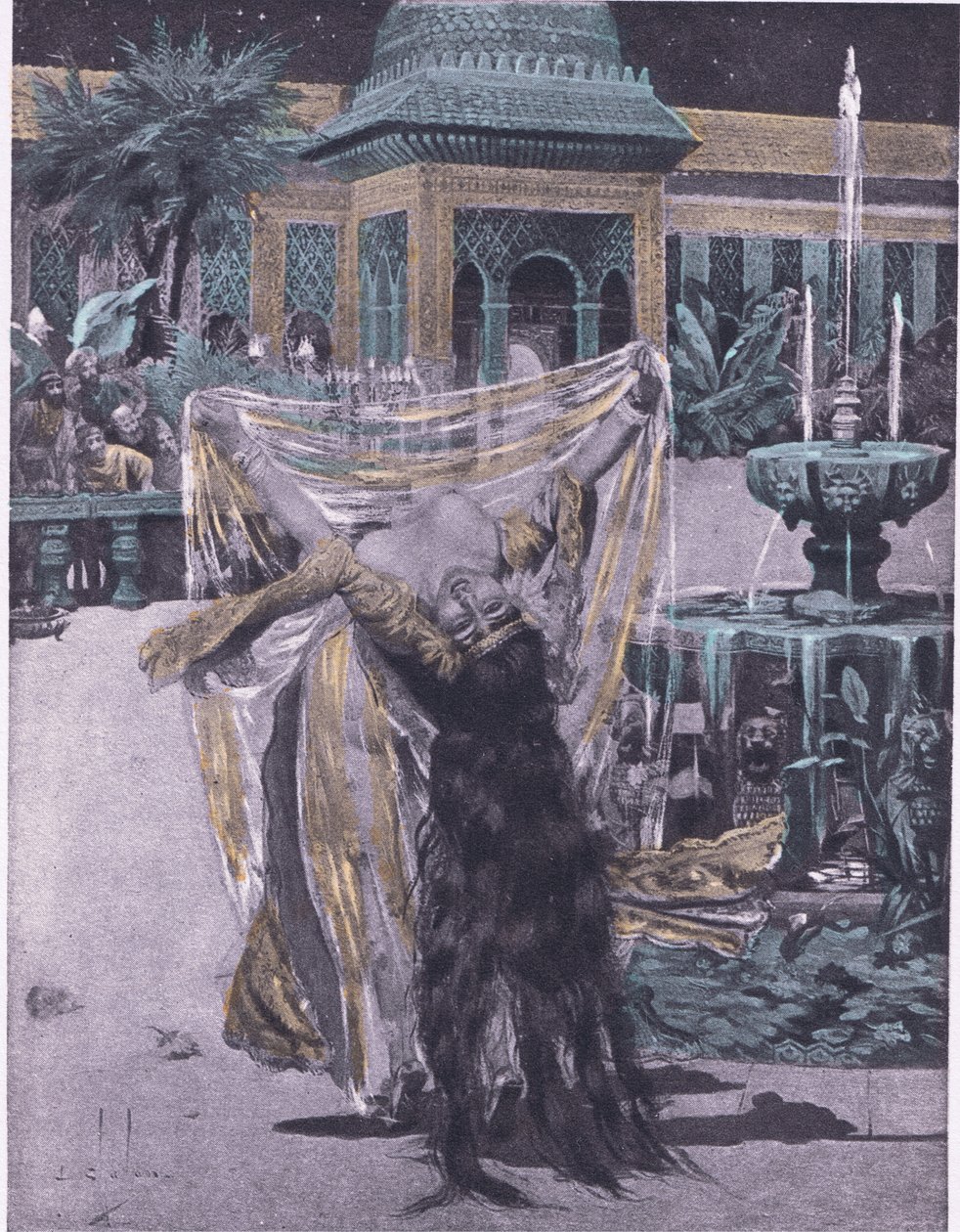 巴比伦女儿跳舞的索尔丹，插图来自 1930 年代纳瓦拉协会出版的薄伽丘十日谈（石版画） 作者 路易斯·沙隆