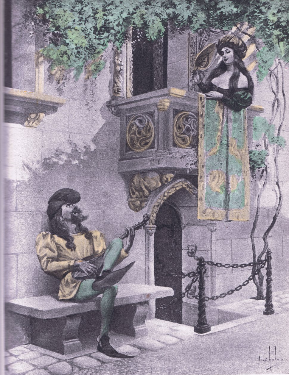 愚蠢的情人，来自 Navarre Society 1930 年代出版的薄伽丘十日谈的插图（石版画） 作者 路易斯·沙隆