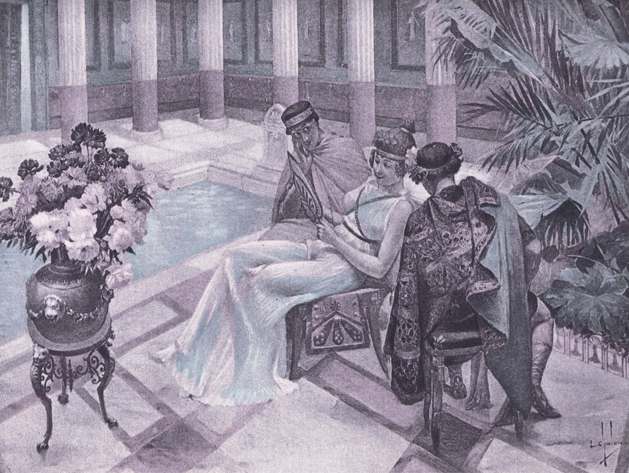 Titus 和 Gisippu，来自 Navarre Society 1930 年代出版的薄伽丘十日谈的插图（石版画） 作者 路易斯·沙隆