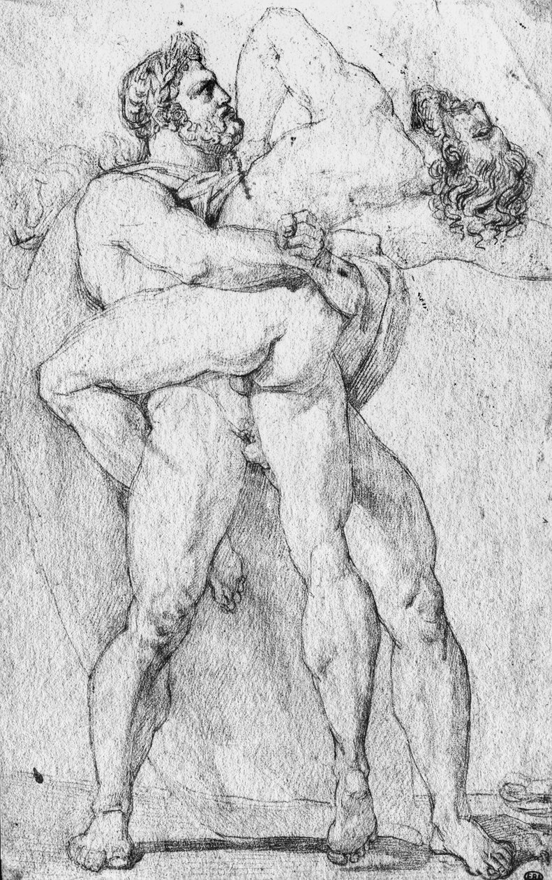 赫拉克勒斯扼杀Antaeus（石墨铅笔在纸上） 作者 路易斯·查尔斯·奥古斯特·库德