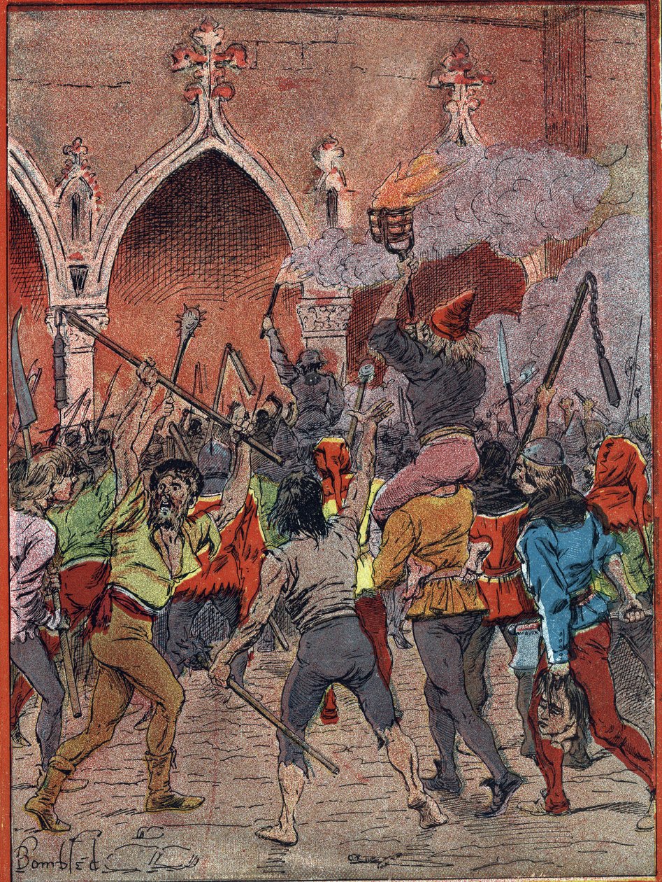 1382年查理六世统治时期宣布征收新税，厌倦了税收压迫的民众纷纷起义（maillotins或harelle的起义，1382年3月1日在巴黎维尔酒店广场的民众起义现场）（宣布新的 作者 路易斯·查尔斯·邦布尔