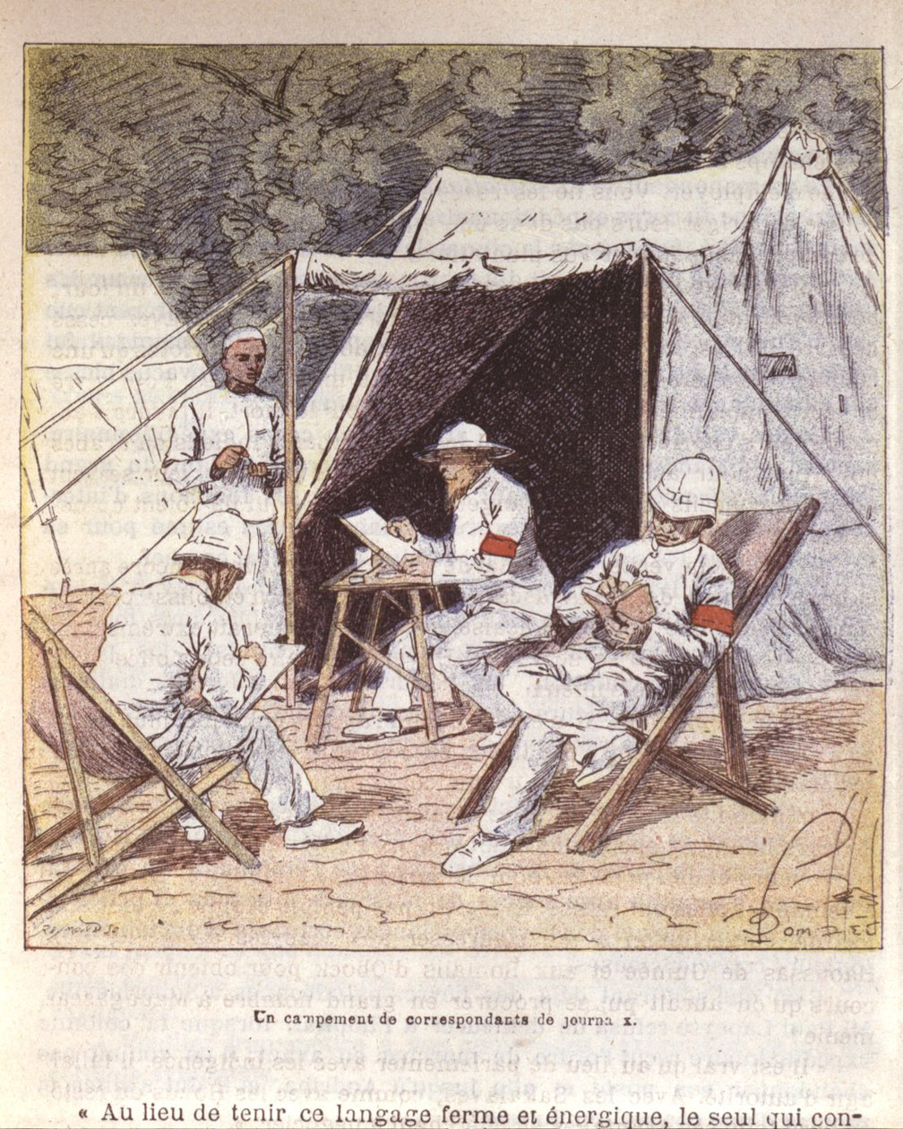 法国战地记者在马达加斯加被法国吞并时的情景 1895-96（彩色平印）。 作者 路易斯·查尔斯·邦布尔