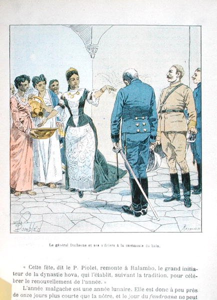 Duchesne将军和他的军官在拉纳瓦罗纳三世女王（1862-1917）的沐浴仪式上，来自H.Galli的《马达加斯加的战争》，19世纪末（彩色平版印刷）。 作者 路易斯·查尔斯·邦布尔