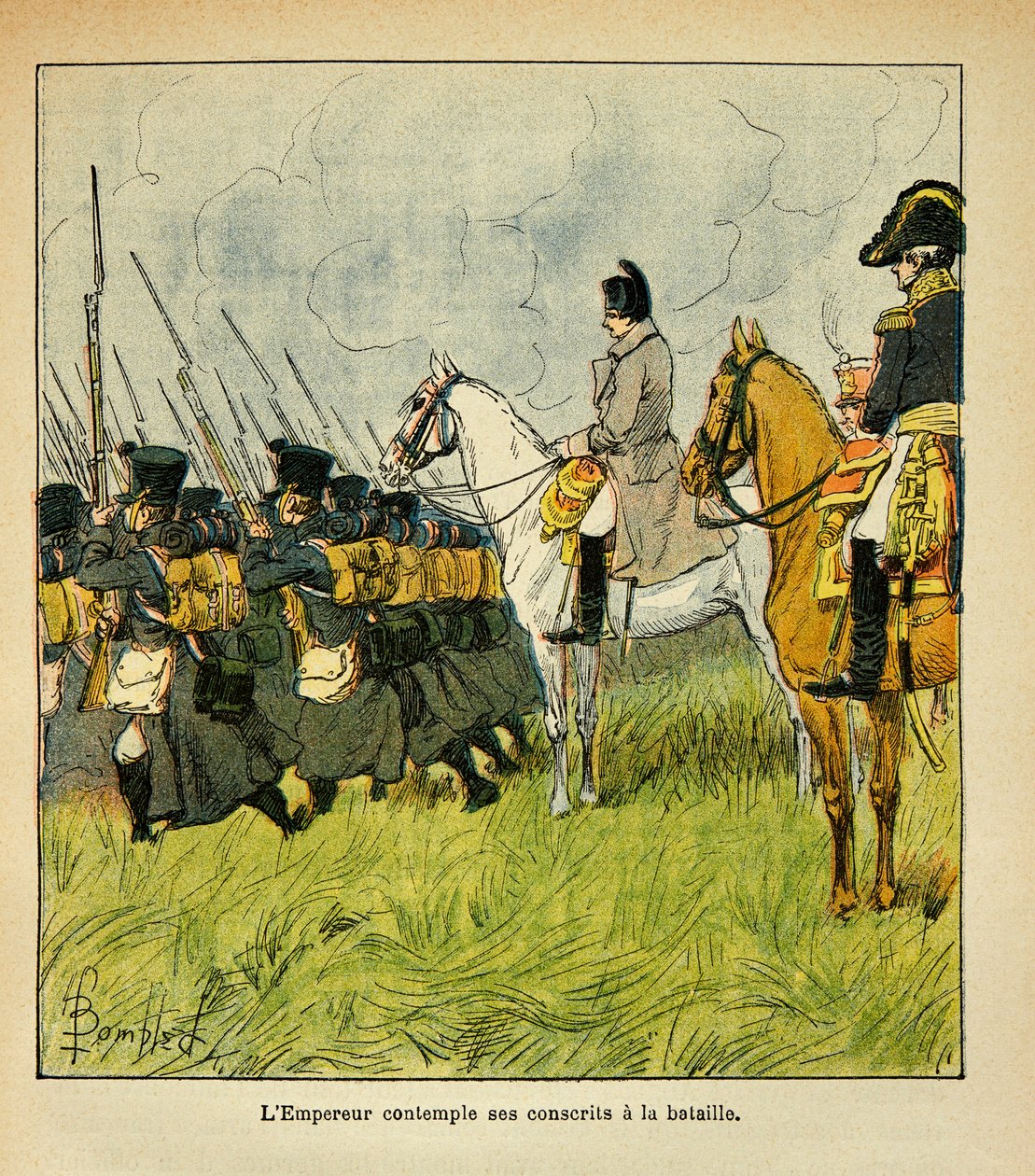 由Bombled Louis（1862-1927）绘制的插图，出自Emmanuel de Las Cases伯爵（1766-1842）的《圣赫勒拿纪念》一书。拿破仑皇帝在一场战斗中考虑他的士兵，私人收藏 作者 路易斯·查尔斯·邦布尔