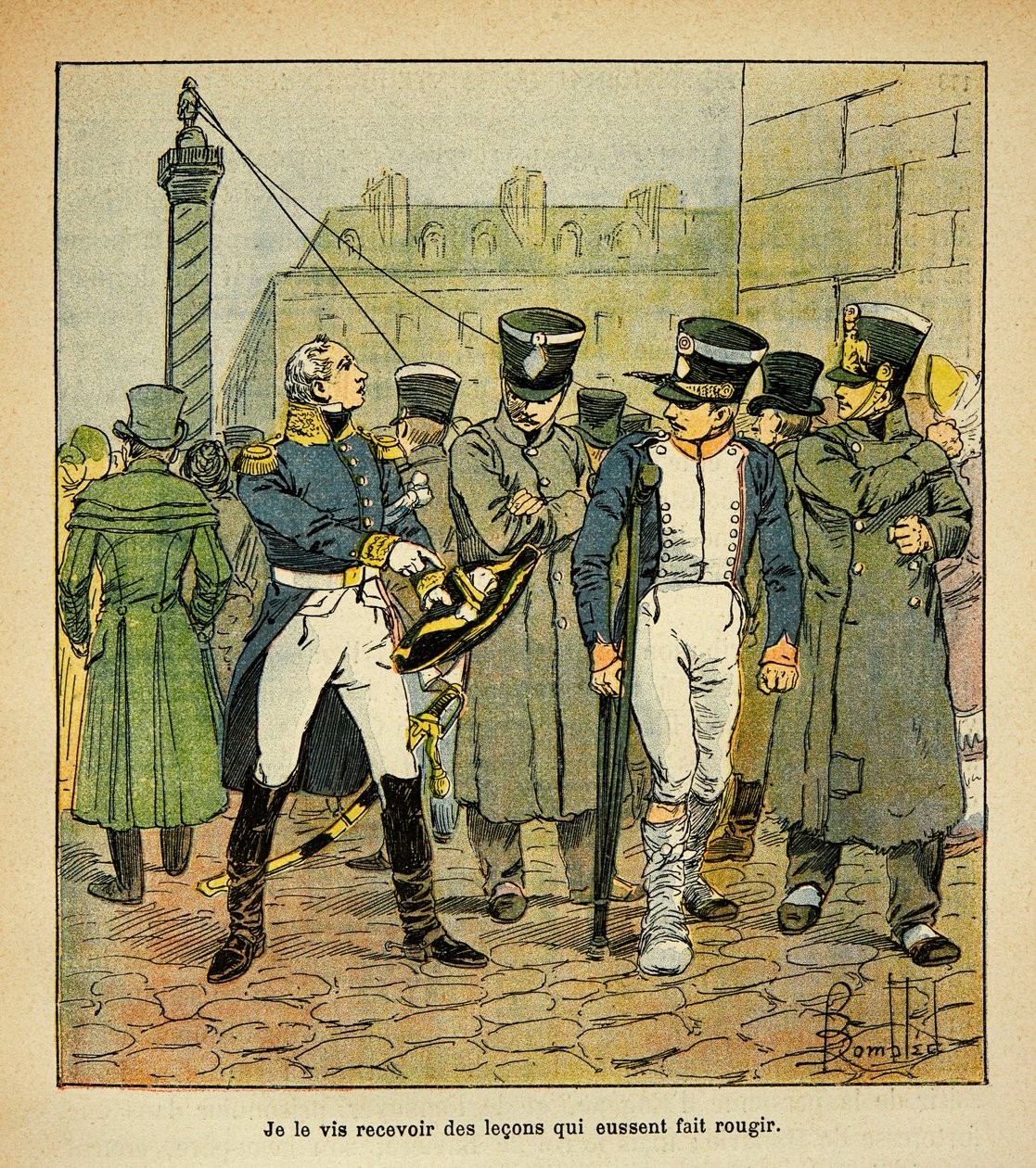 由Bombled Louis（1862-1927）创作的插图，出自Emmanuel de Las Cases伯爵（1766-1842）的《圣赫勒拿纪念》一书。一位拿破仑的前军官在复辟中呼吁前应征者拒绝帝国政权，收藏部分 作者 路易斯·查尔斯·邦布尔